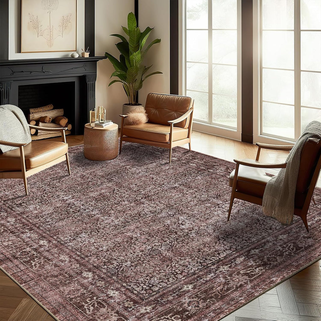 Area Rug 8x10 Washable Rug Brown Vintage Traditional Mat Distressed Indoor Foldable Thin Retro Accent Floral Non Slip Carpet Living Room Dining Room Office