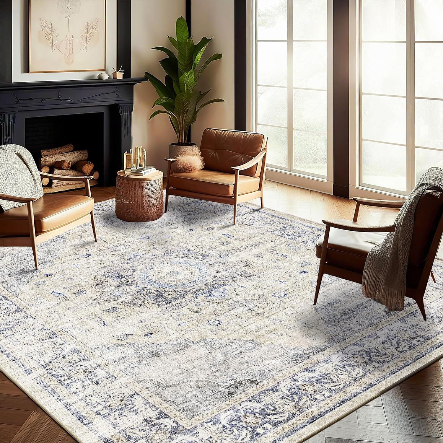 Area Rug 8x10 Washable Rug Brown Vintage Traditional Mat Distressed Indoor Foldable Thin Retro Accent Floral Non Slip Carpet Living Room Dining Room Office