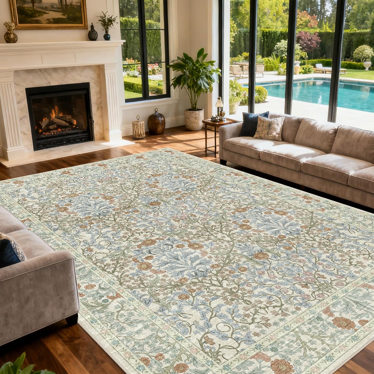 Vintage Beige Blue Living Room Rug, 8x10 Washable Area Rugs for Dining Room Under Table, Soft Low Pile Large Carpet Bedroom, Non-Slip Boho Floral (8 x 10 Beige Blue)