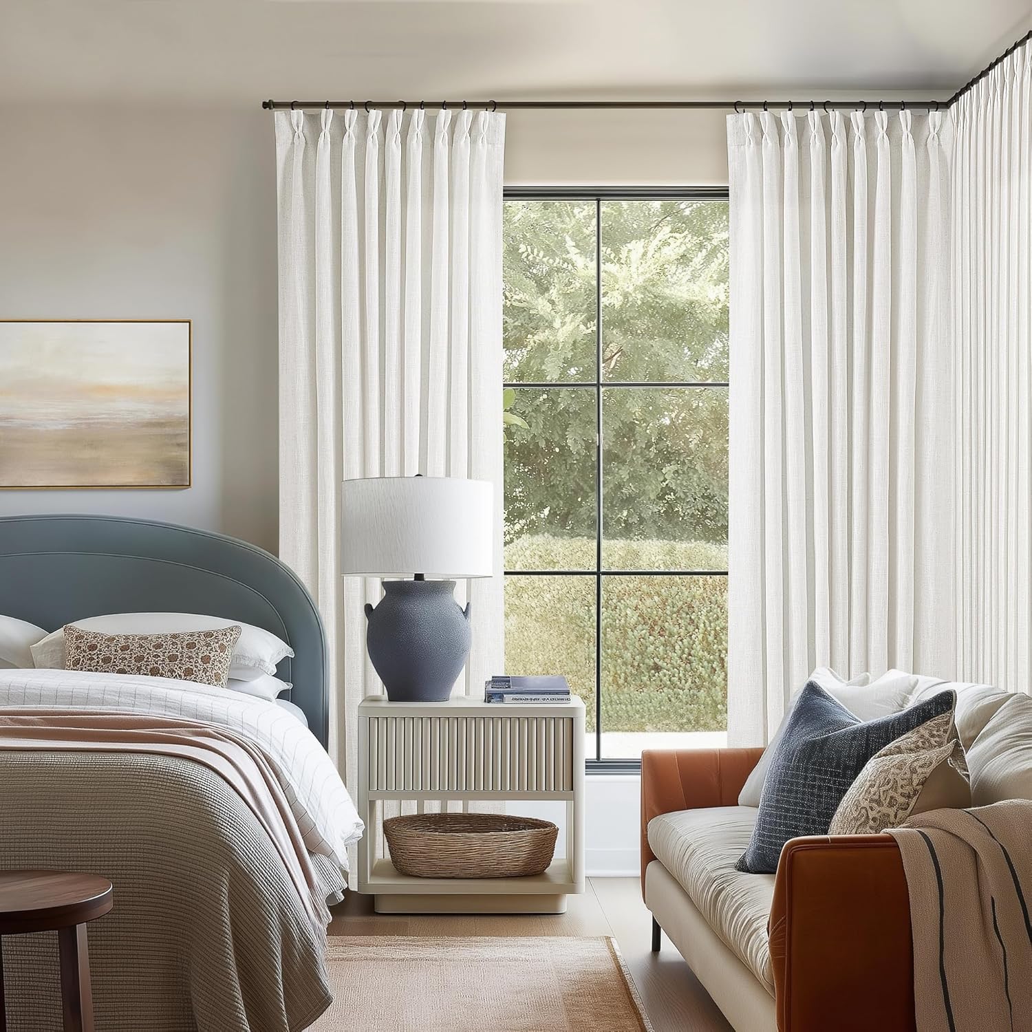 Natural Pinch Pleated Linen Curtains 84 Inch Length 2 Panels for Living Room Bedroom Textured Cream Ivory Birch Semi Sheer Boho Neutral Back Tab Pinch Pleat Hooks Rings Window Curtain 84 Inches Long