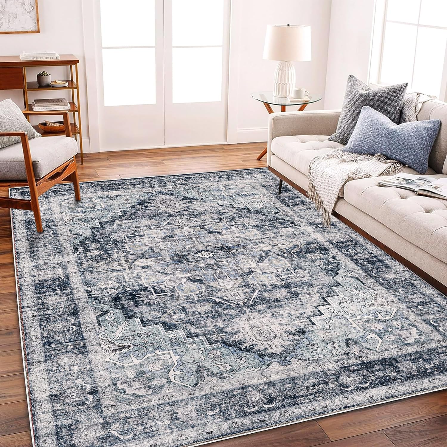 Area Rug 8x10 Washable Rug Brown Vintage Traditional Mat Distressed Indoor Foldable Thin Retro Accent Floral Non Slip Carpet Living Room Dining Room Office