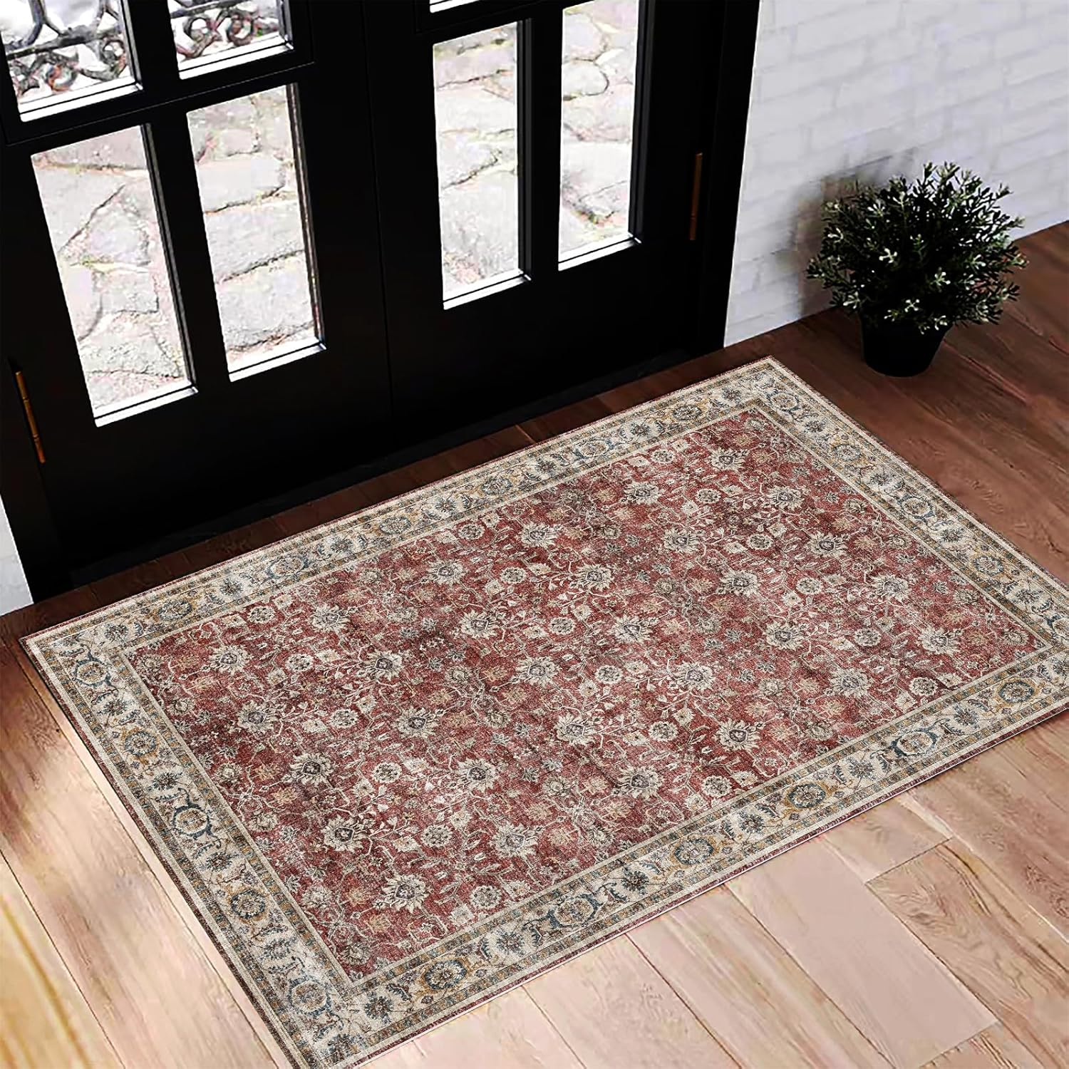 Area Rug 8x10 Washable Rug Brown Vintage Traditional Mat Distressed Indoor Foldable Thin Retro Accent Floral Non Slip Carpet Living Room Dining Room Office