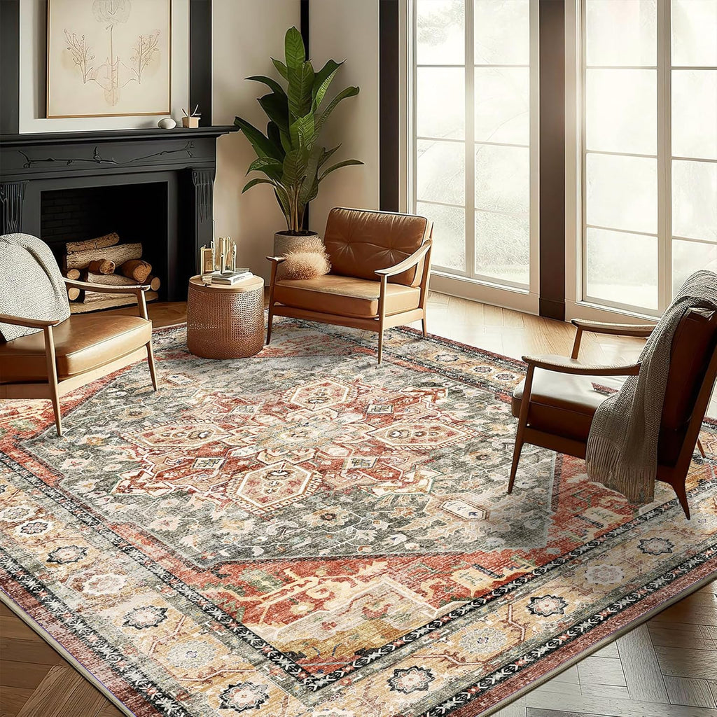 Area Rug 8x10 Washable Rug Brown Vintage Traditional Mat Distressed Indoor Foldable Thin Retro Accent Floral Non Slip Carpet Living Room Dining Room Office