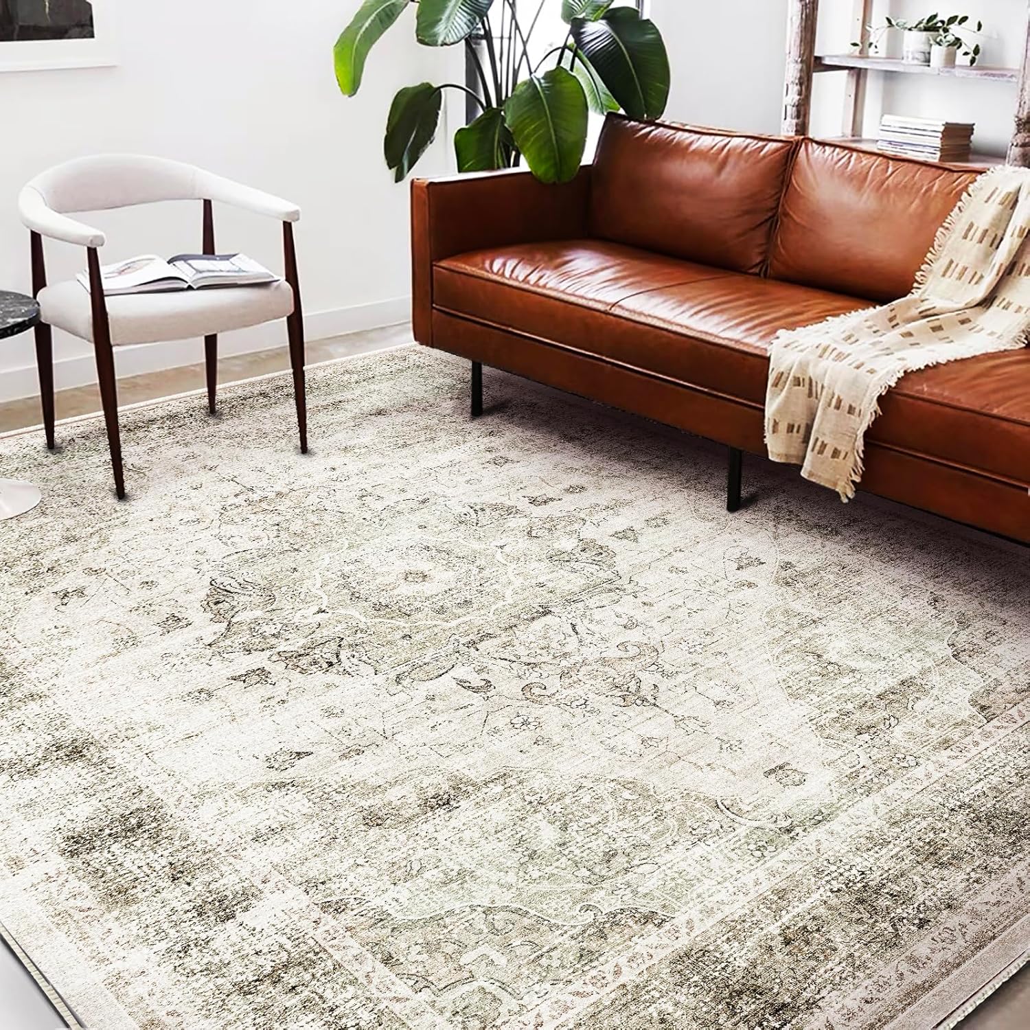 Area Rug 8x10 Washable Rug Brown Vintage Traditional Mat Distressed Indoor Foldable Thin Retro Accent Floral Non Slip Carpet Living Room Dining Room Office
