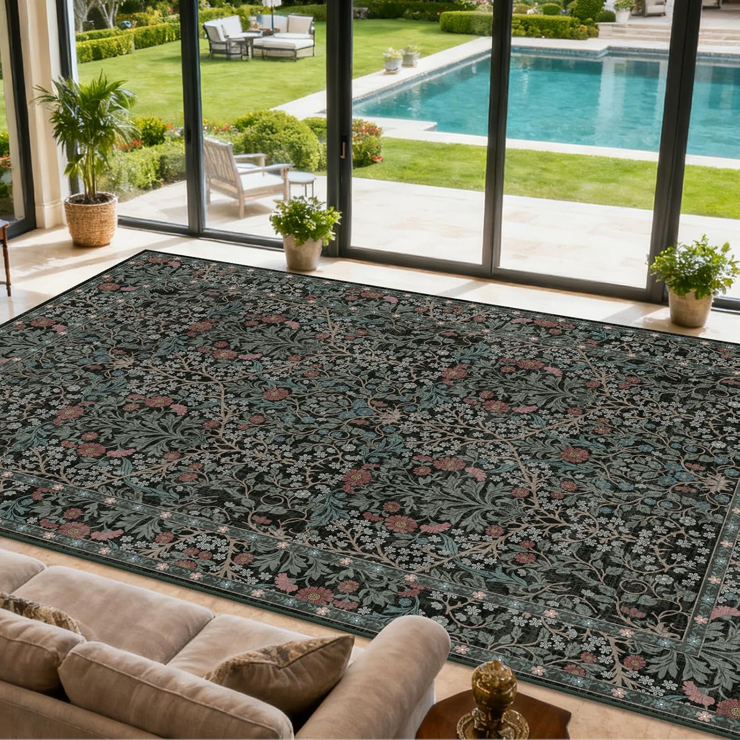 Vintage Beige Blue Living Room Rug, 8x10 Washable Area Rugs for Dining Room Under Table, Soft Low Pile Large Carpet Bedroom, Non-Slip Boho Floral (8 x 10 Beige Blue)