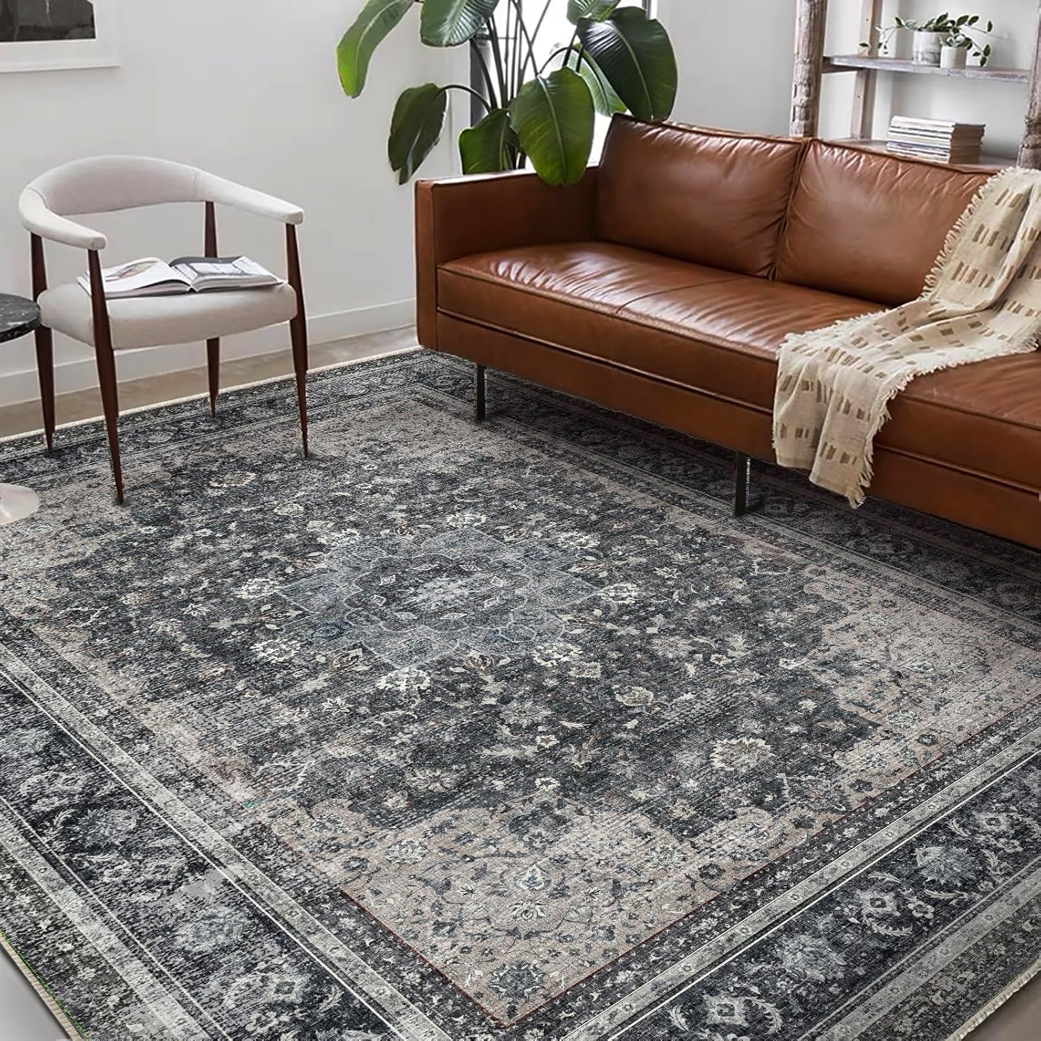 Area Rug 8x10 Washable Rug Brown Vintage Traditional Mat Distressed Indoor Foldable Thin Retro Accent Floral Non Slip Carpet Living Room Dining Room Office