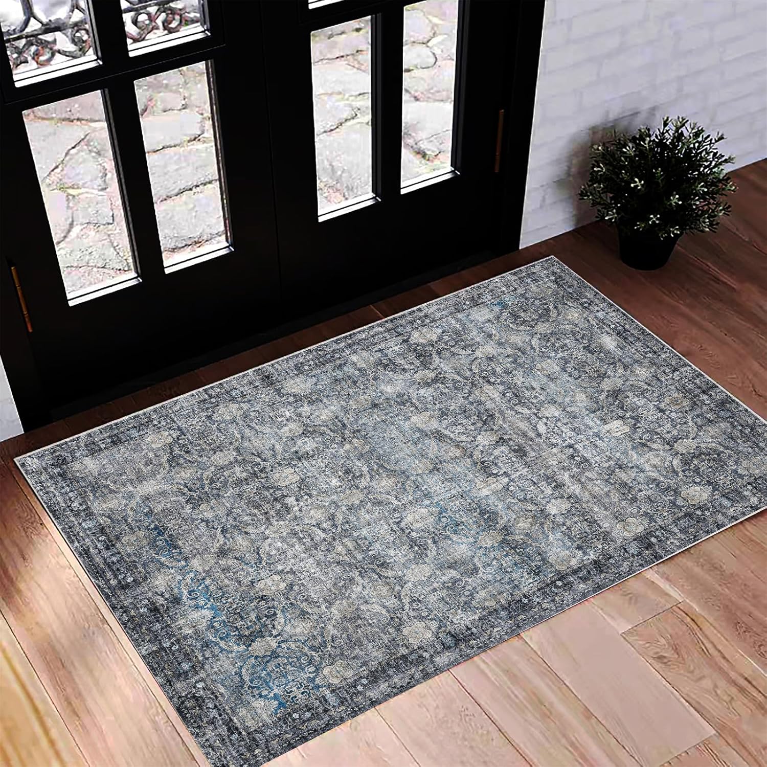 Area Rug 8x10 Washable Rug Brown Vintage Traditional Mat Distressed Indoor Foldable Thin Retro Accent Floral Non Slip Carpet Living Room Dining Room Office