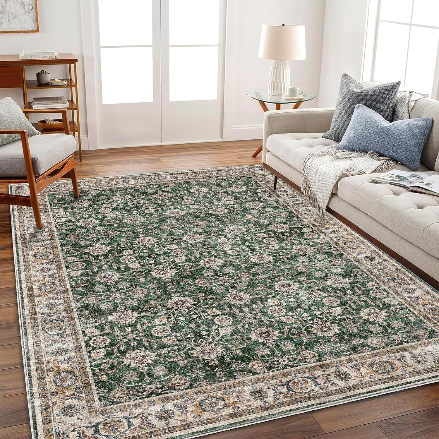 Area Rug 8x10 Washable Rug Brown Vintage Traditional Mat Distressed Indoor Foldable Thin Retro Accent Floral Non Slip Carpet Living Room Dining Room Office