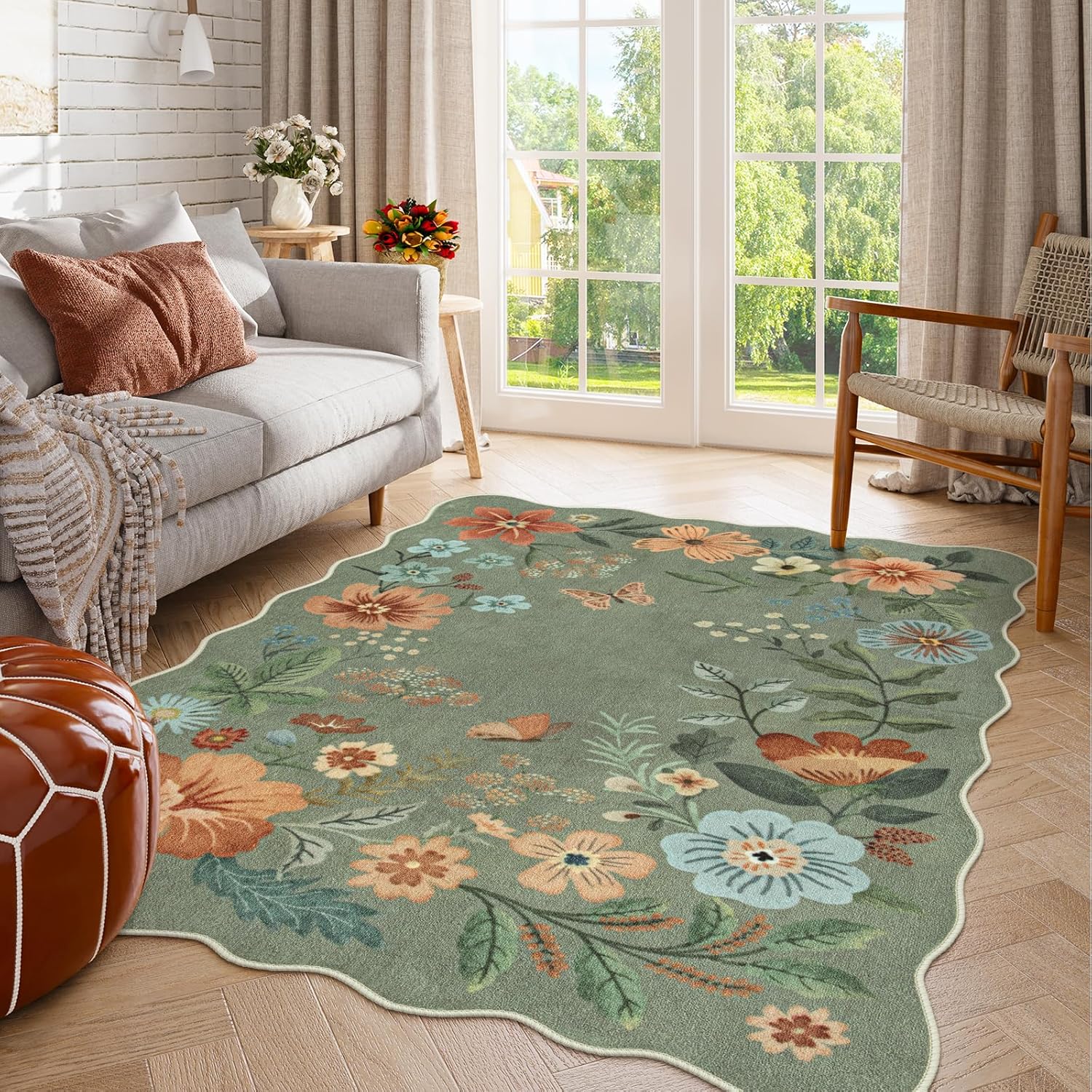 Lahome Floral Washable Rugs 8x10, Non-Slip Soft Green Rug Stain Resistant, Ultra-Thin 8x10 Rugs for Living Room Easy Clean Boho Accent Carpet for Dining Room Office(8x10ft,Green)