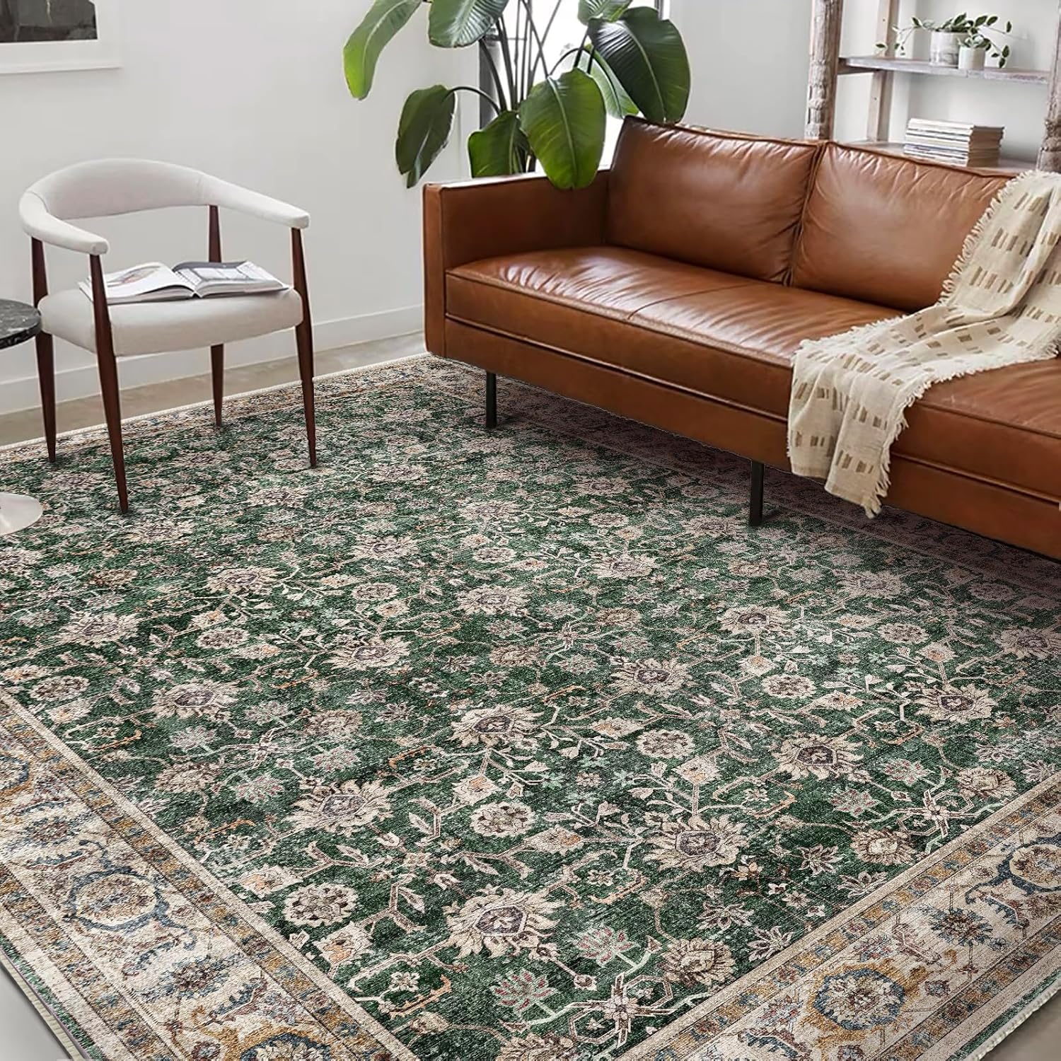 Area Rug 8x10 Washable Rug Brown Vintage Traditional Mat Distressed Indoor Foldable Thin Retro Accent Floral Non Slip Carpet Living Room Dining Room Office