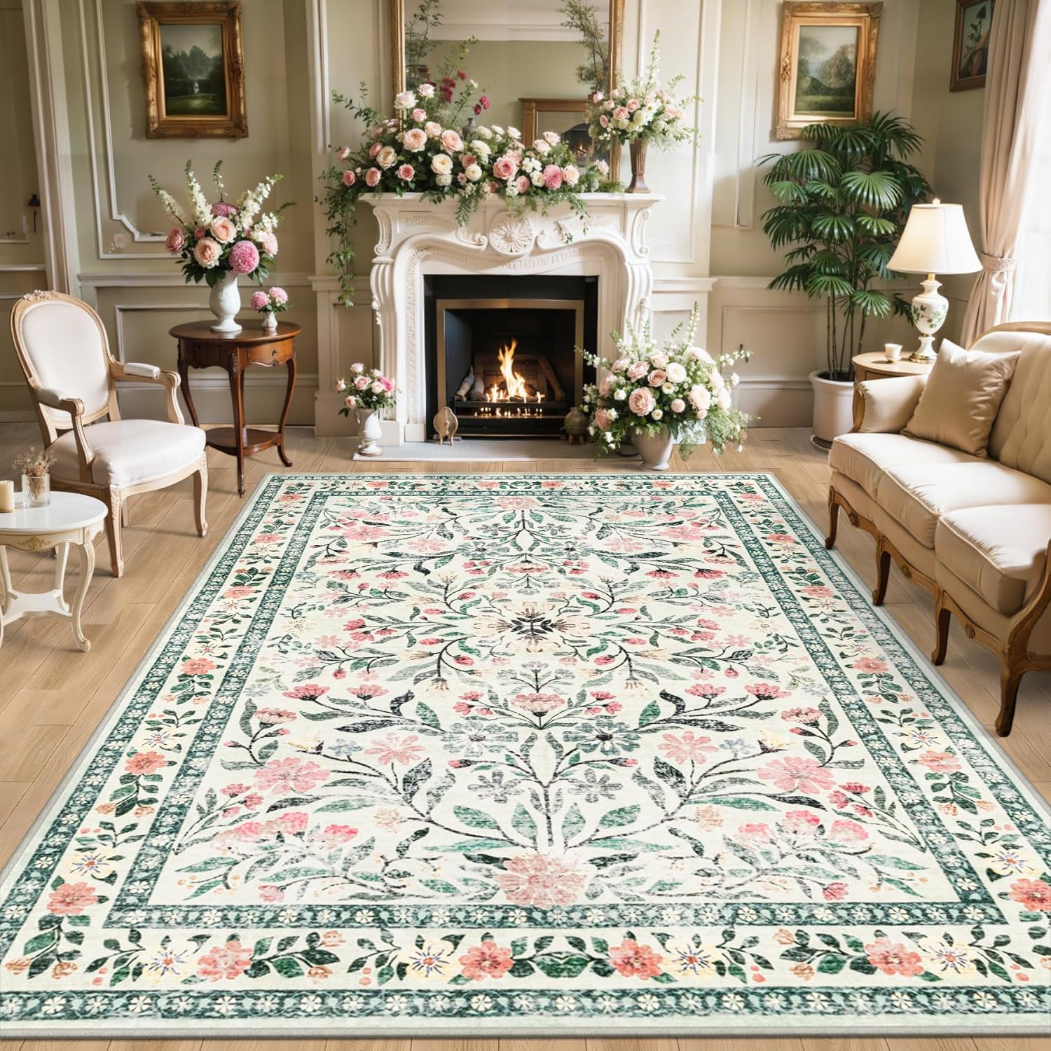 8x10 Area Rugs for Living Room: Floral Washable Rug Vintage Large Soft Boho Non-Slip Carpet Indoor Floor Stain Resistant Carpets for Bedroom Dining Room Farmhouse Nursery Home Office Beige/Multi