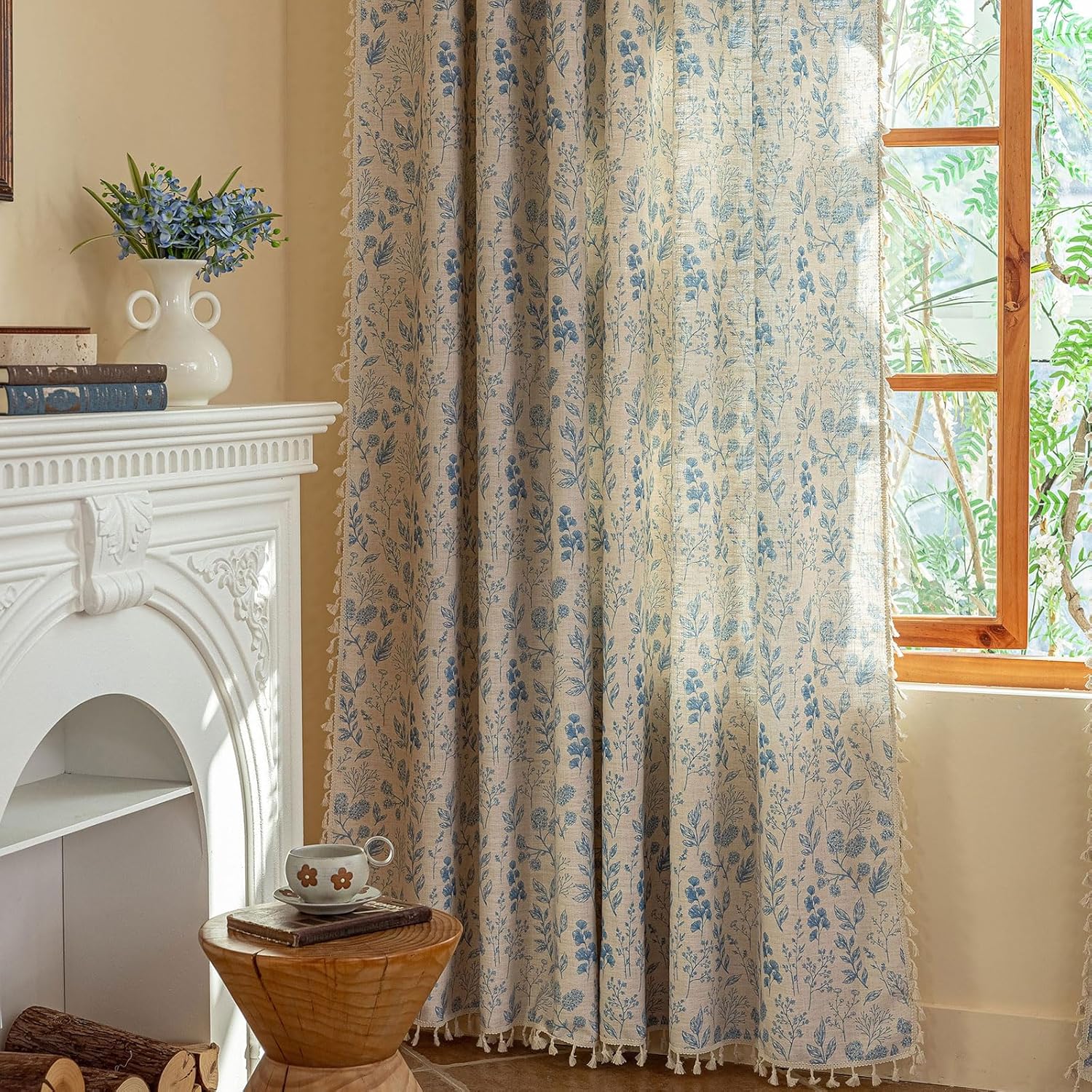 ENJOYBRIDAL Floral Bedroom Curtains 84 Inch Length 2 Panels Set Farmhouse Semi Sheer Living Room Drapes Cotton Linen Blend Bohemian Window Curtain Panels with Tassel Beige Rod Pocket Drapes