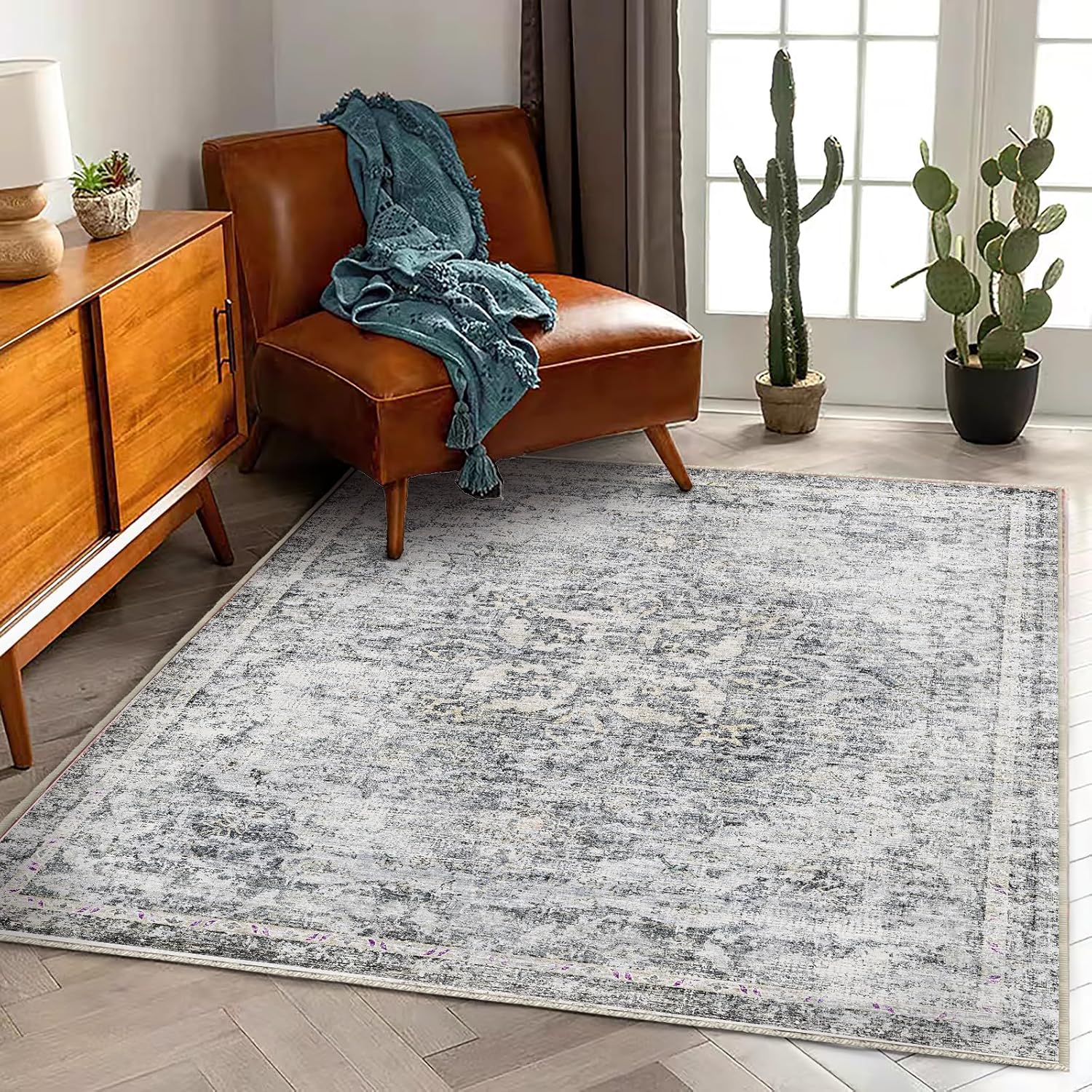 Area Rug 8x10 Washable Rug Brown Vintage Traditional Mat Distressed Indoor Foldable Thin Retro Accent Floral Non Slip Carpet Living Room Dining Room Office