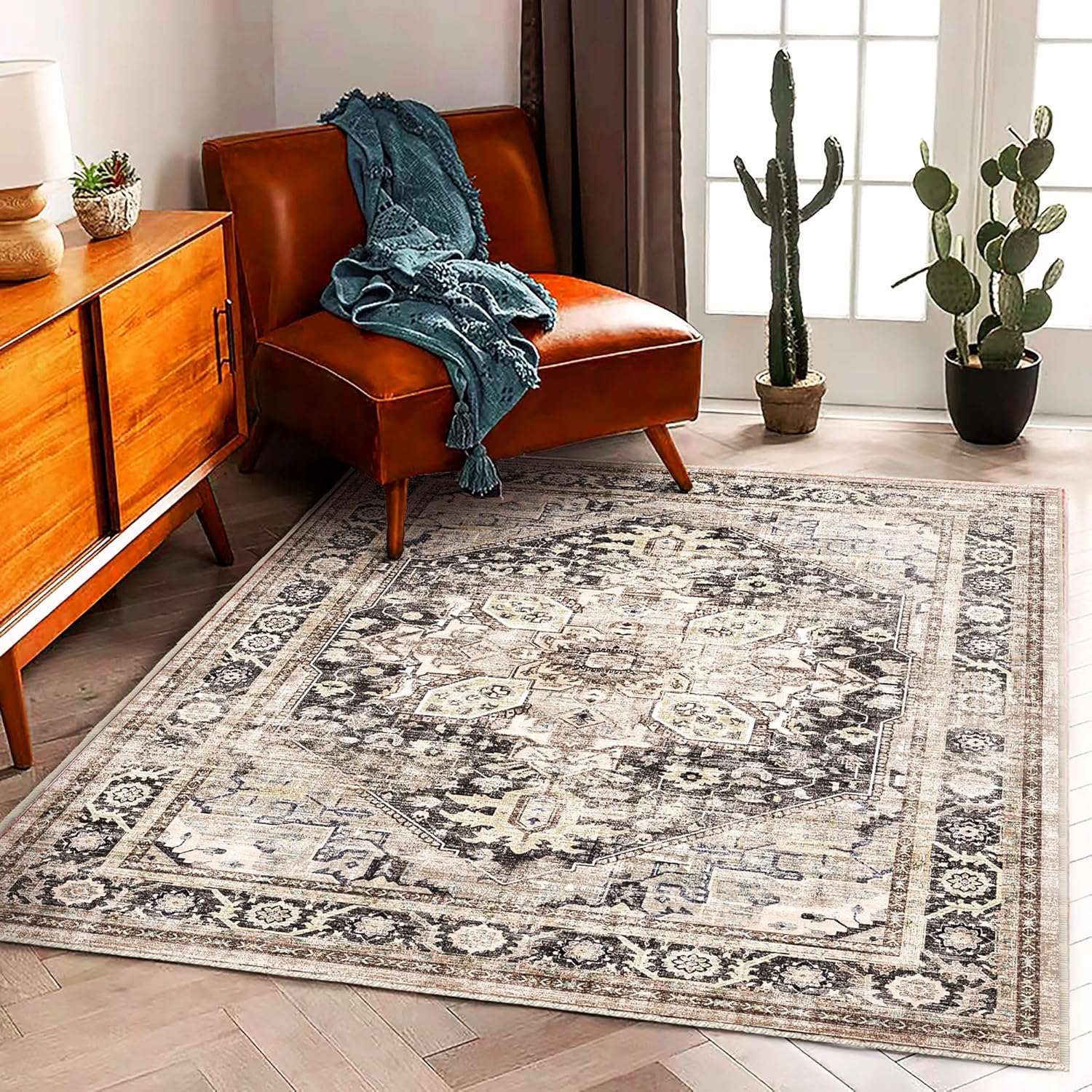 Area Rug 8x10 Washable Rug Brown Vintage Traditional Mat Distressed Indoor Foldable Thin Retro Accent Floral Non Slip Carpet Living Room Dining Room Office