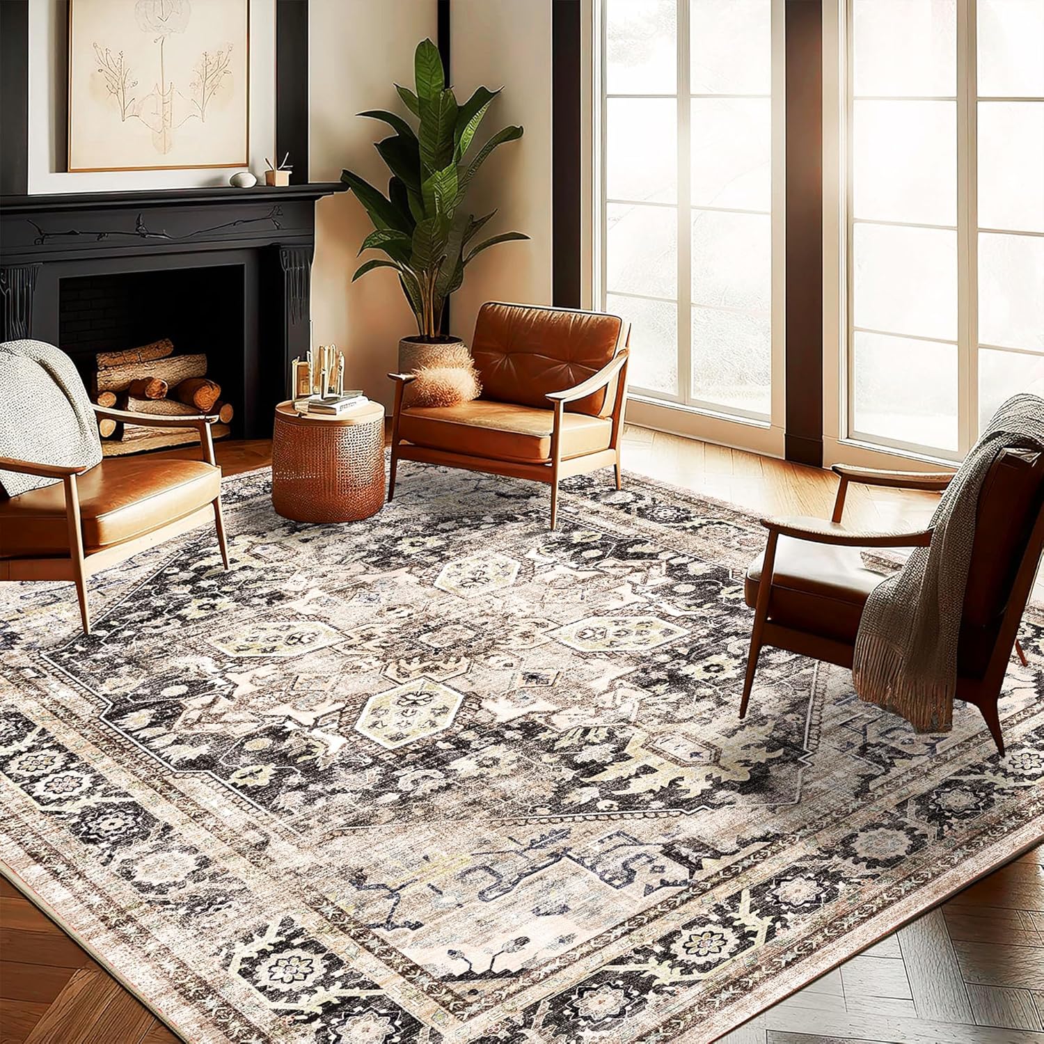 Area Rug 8x10 Washable Rug Brown Vintage Traditional Mat Distressed Indoor Foldable Thin Retro Accent Floral Non Slip Carpet Living Room Dining Room Office