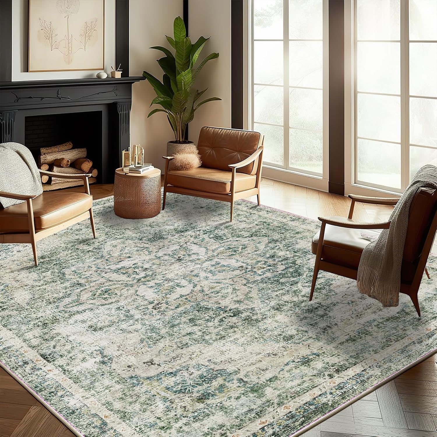 Area Rug 8x10 Washable Rug Brown Vintage Traditional Mat Distressed Indoor Foldable Thin Retro Accent Floral Non Slip Carpet Living Room Dining Room Office