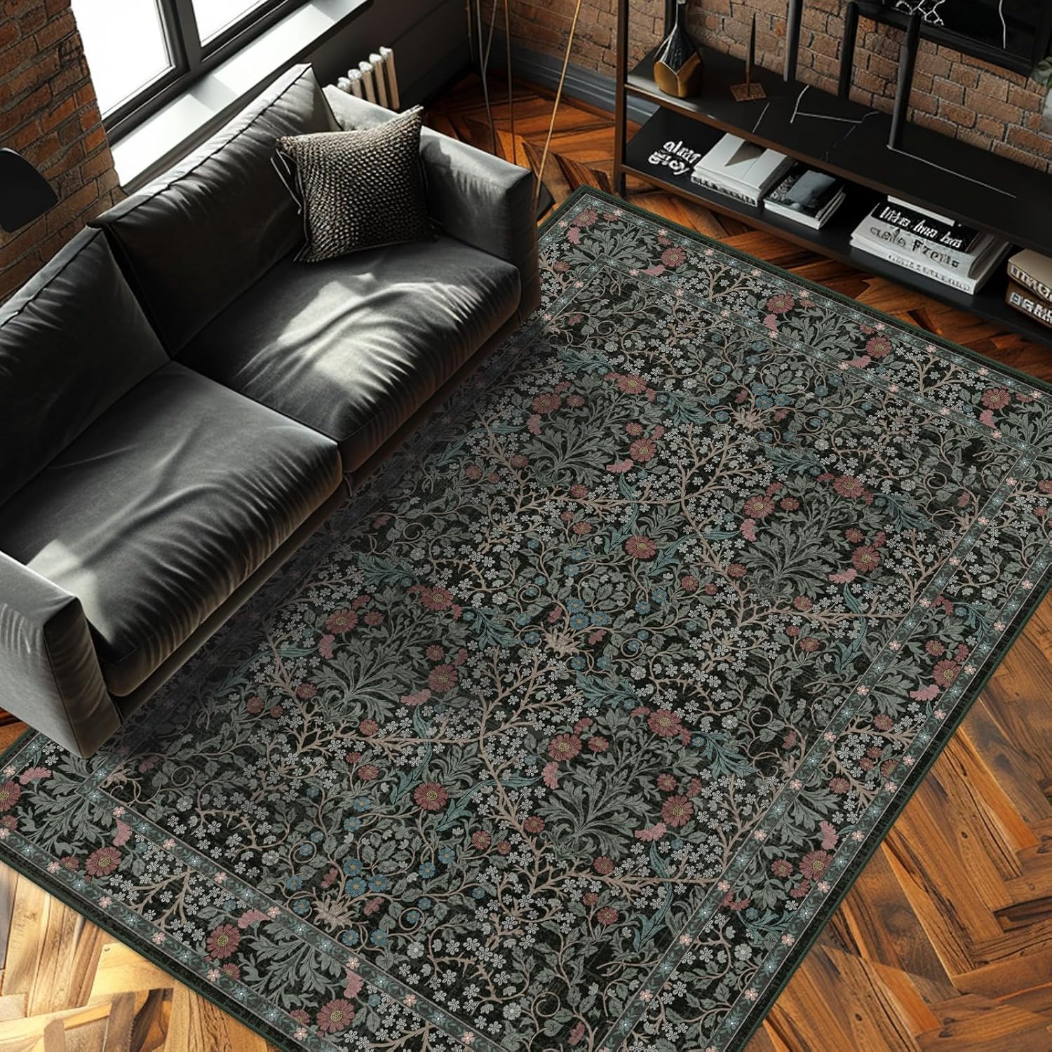 Vintage Beige Blue Living Room Rug, 8x10 Washable Area Rugs for Dining Room Under Table, Soft Low Pile Large Carpet Bedroom, Non-Slip Boho Floral (8 x 10 Beige Blue)