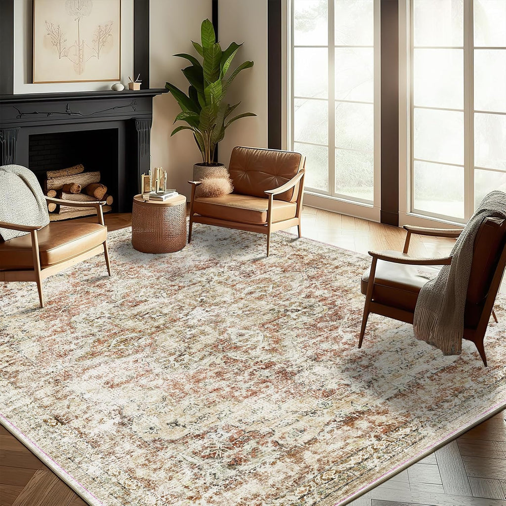 Area Rug 8x10 Washable Rug Brown Vintage Traditional Mat Distressed Indoor Foldable Thin Retro Accent Floral Non Slip Carpet Living Room Dining Room Office