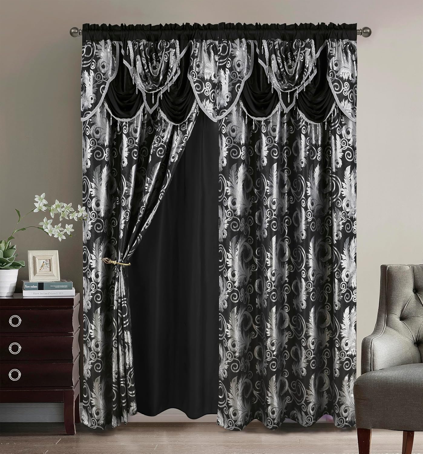 GLORY RUGS Jacquard Luxury Window 2 Panel Set Brown Curtain with Attached Valance and Backing Bedroom Living Room Dining 2 Curtains 55x84 inches Each Jana