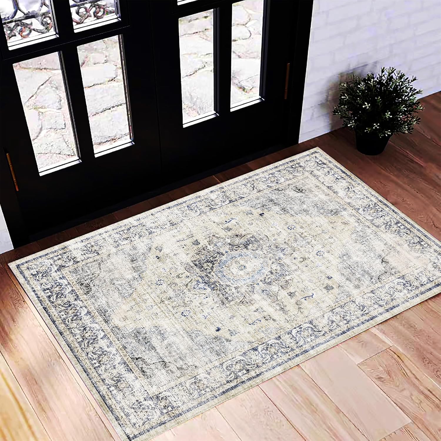 Area Rug 8x10 Washable Rug Brown Vintage Traditional Mat Distressed Indoor Foldable Thin Retro Accent Floral Non Slip Carpet Living Room Dining Room Office