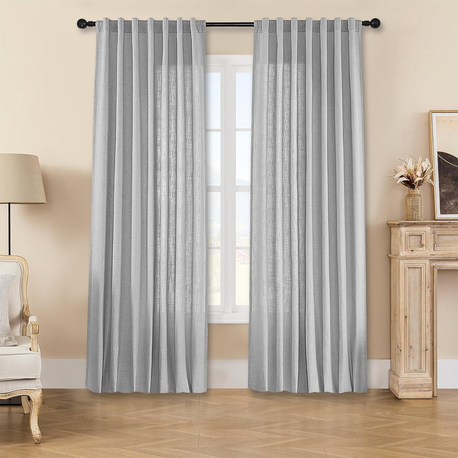Joydeco Linen Curtains 96 inch Length 2 Panel Set, Light Filtering Curtain for Living Room Bedroom, 52 inch Wide Drapes with Rod Pocket Back Tab (96" Lx52 W, Ivory on Linen)
