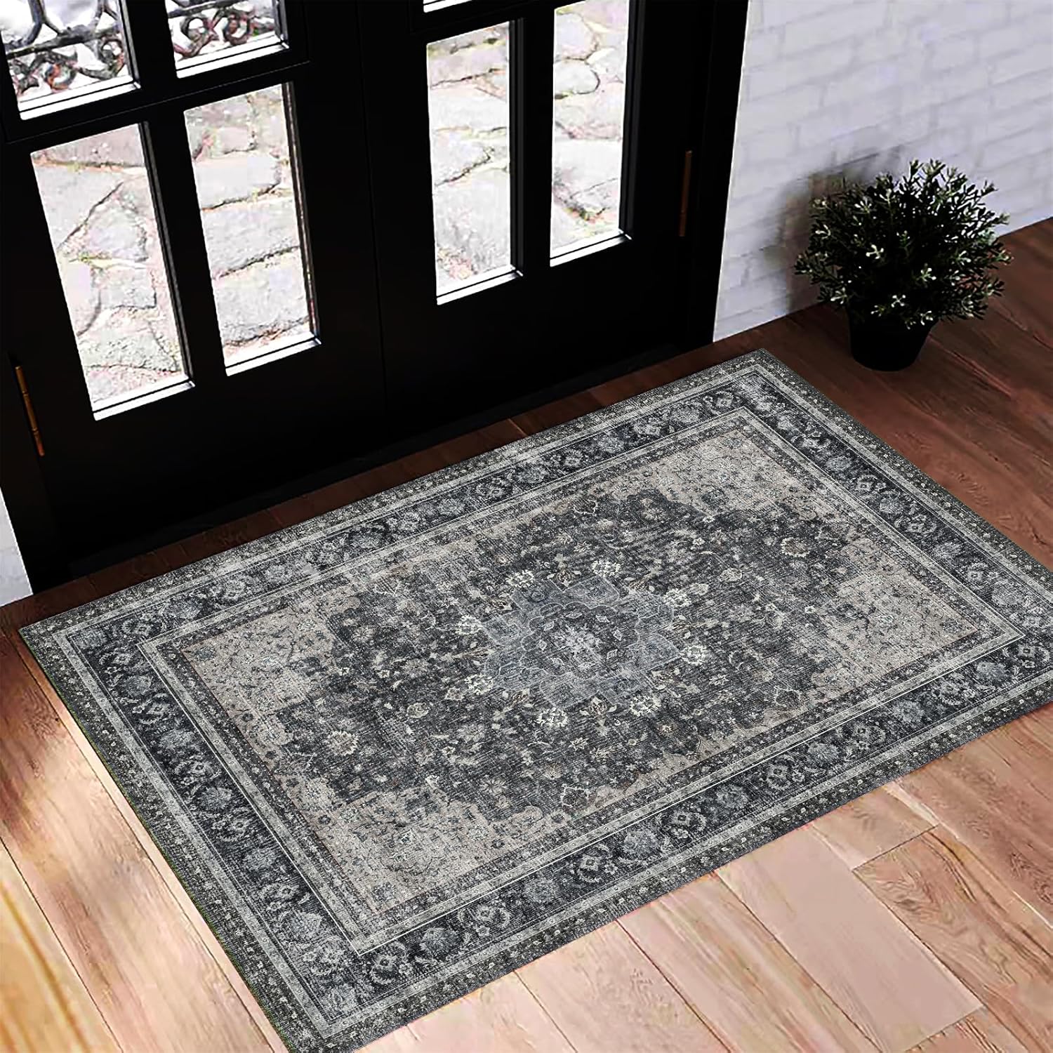 Area Rug 8x10 Washable Rug Brown Vintage Traditional Mat Distressed Indoor Foldable Thin Retro Accent Floral Non Slip Carpet Living Room Dining Room Office