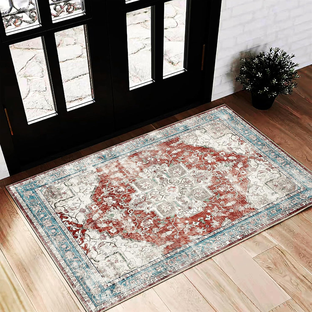 Area Rug 8x10 Washable Rug Brown Vintage Traditional Mat Distressed Indoor Foldable Thin Retro Accent Floral Non Slip Carpet Living Room Dining Room Office
