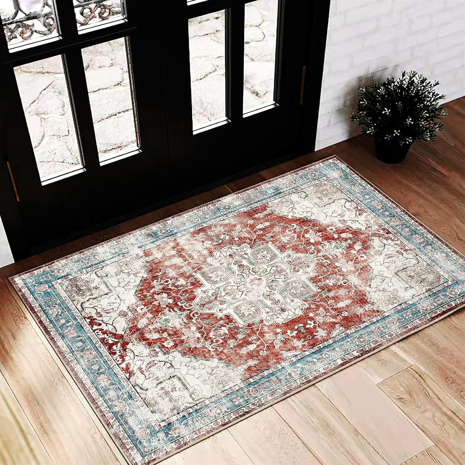 Area Rug 8x10 Washable Rug Brown Vintage Traditional Mat Distressed Indoor Foldable Thin Retro Accent Floral Non Slip Carpet Living Room Dining Room Office