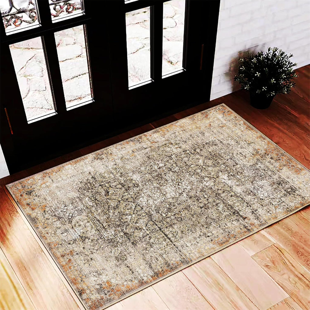 Area Rug 8x10 Washable Rug Brown Vintage Traditional Mat Distressed Indoor Foldable Thin Retro Accent Floral Non Slip Carpet Living Room Dining Room Office