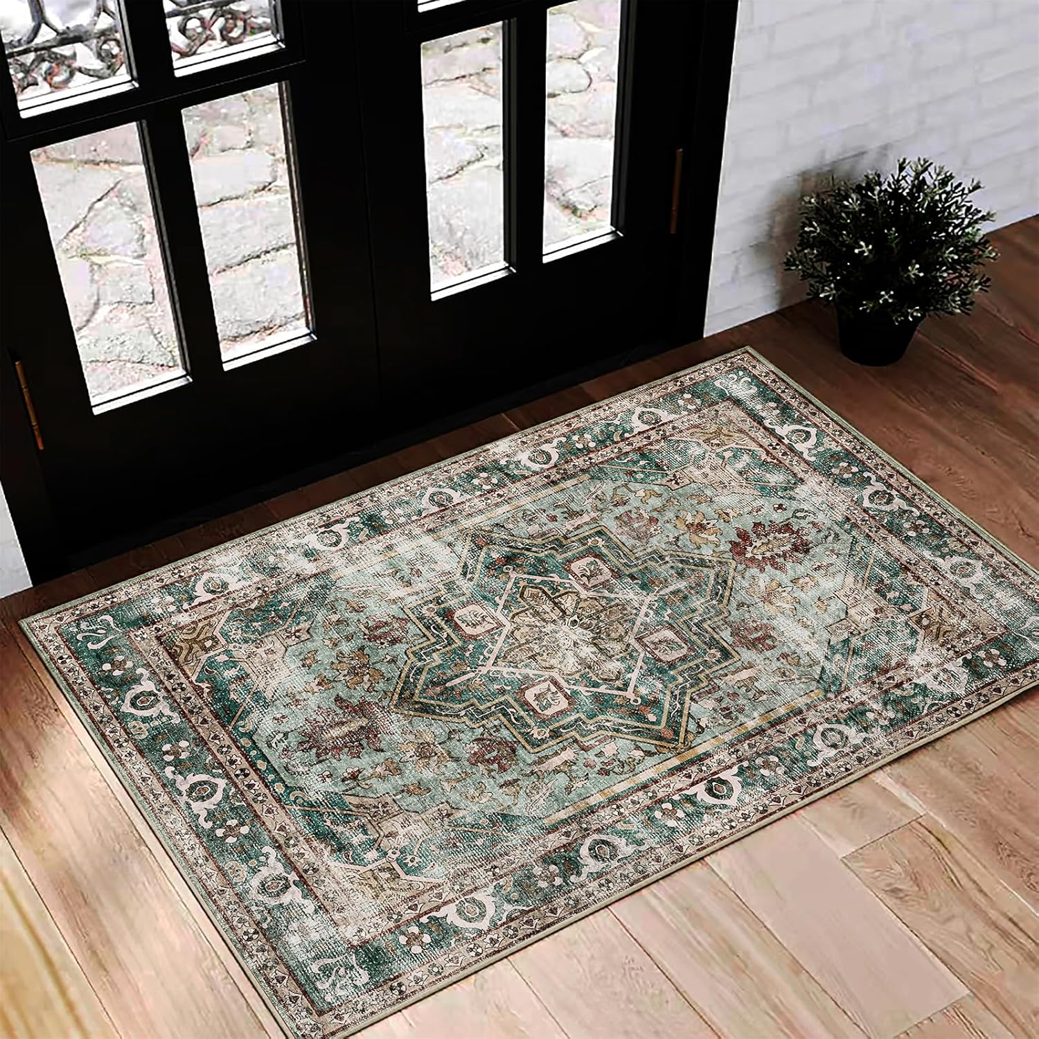 Area Rug 8x10 Washable Rug Brown Vintage Traditional Mat Distressed Indoor Foldable Thin Retro Accent Floral Non Slip Carpet Living Room Dining Room Office
