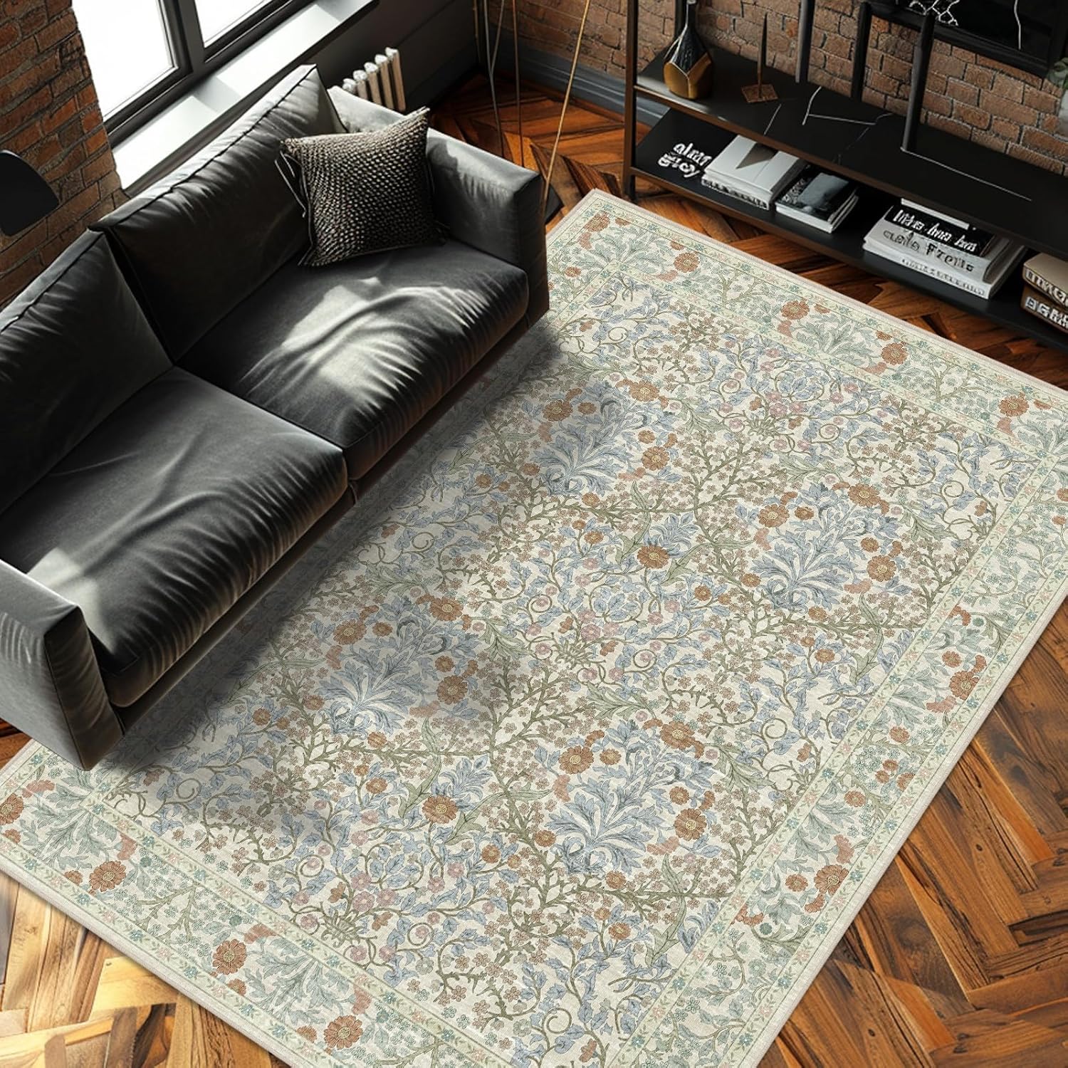 Vintage Beige Blue Living Room Rug, 8x10 Washable Area Rugs for Dining Room Under Table, Soft Low Pile Large Carpet Bedroom, Non-Slip Boho Floral (8 x 10 Beige Blue)