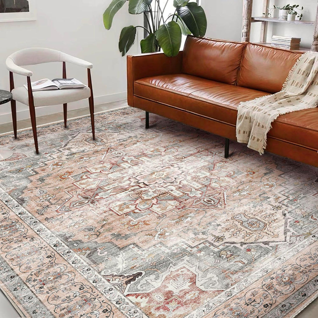 Area Rug 8x10 Washable Rug Brown Vintage Traditional Mat Distressed Indoor Foldable Thin Retro Accent Floral Non Slip Carpet Living Room Dining Room Office