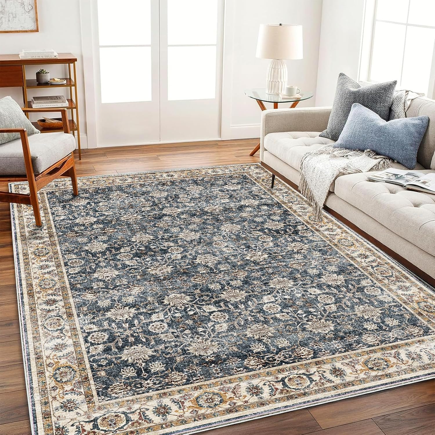Area Rug 8x10 Washable Rug Brown Vintage Traditional Mat Distressed Indoor Foldable Thin Retro Accent Floral Non Slip Carpet Living Room Dining Room Office