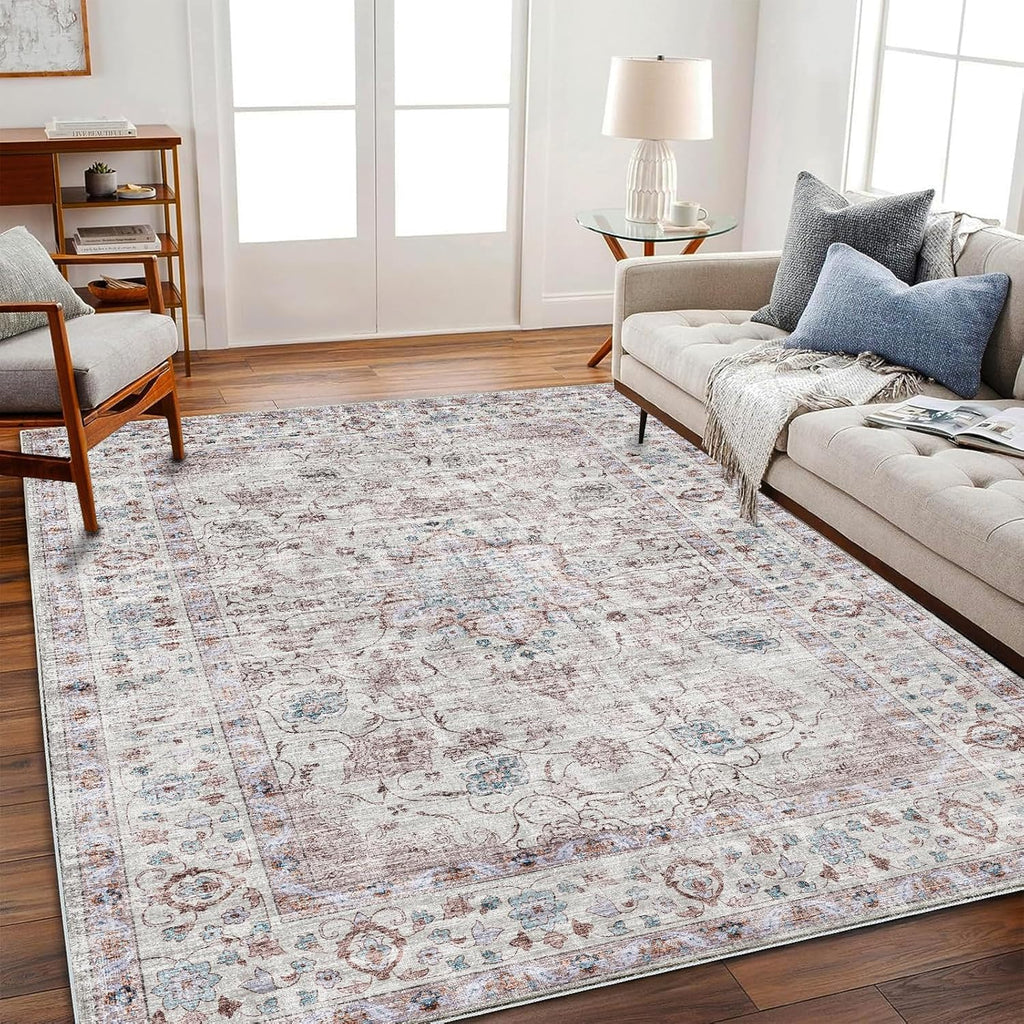 Area Rug 8x10 Washable Rug Brown Vintage Traditional Mat Distressed Indoor Foldable Thin Retro Accent Floral Non Slip Carpet Living Room Dining Room Office