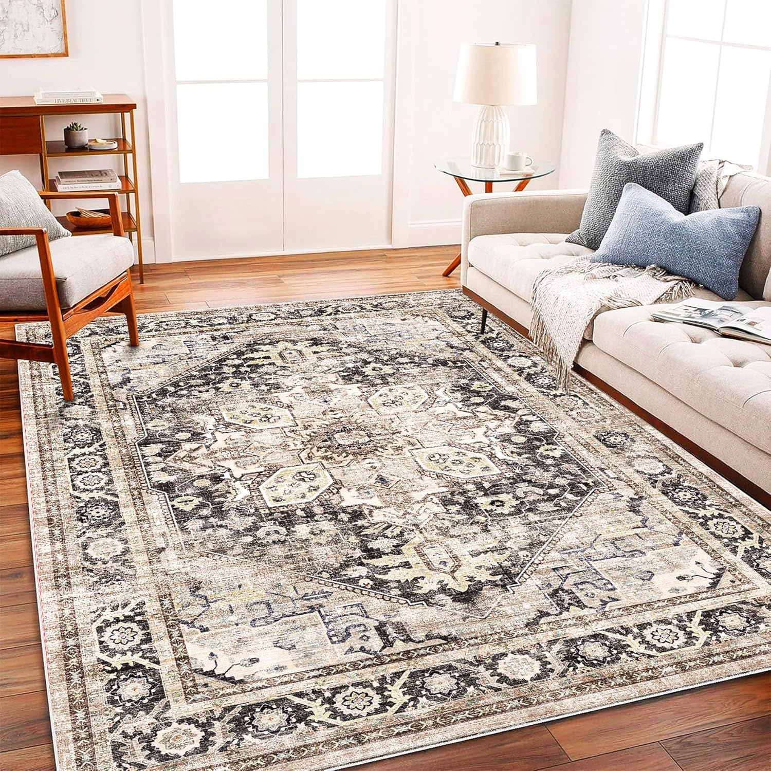 Area Rug 8x10 Washable Rug Brown Vintage Traditional Mat Distressed Indoor Foldable Thin Retro Accent Floral Non Slip Carpet Living Room Dining Room Office