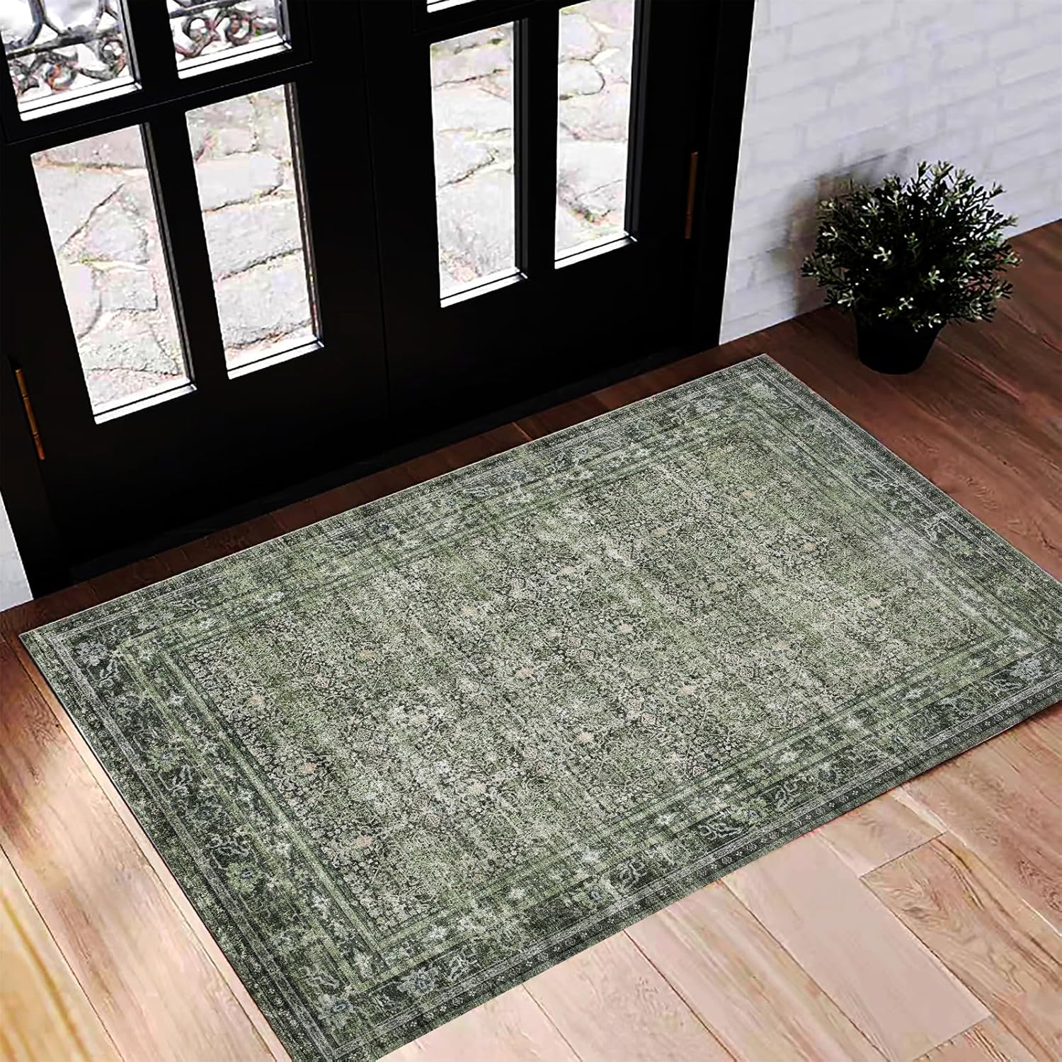 Area Rug 8x10 Washable Rug Brown Vintage Traditional Mat Distressed Indoor Foldable Thin Retro Accent Floral Non Slip Carpet Living Room Dining Room Office