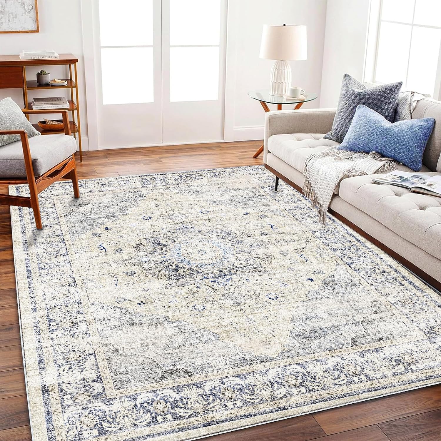 Area Rug 8x10 Washable Rug Brown Vintage Traditional Mat Distressed Indoor Foldable Thin Retro Accent Floral Non Slip Carpet Living Room Dining Room Office