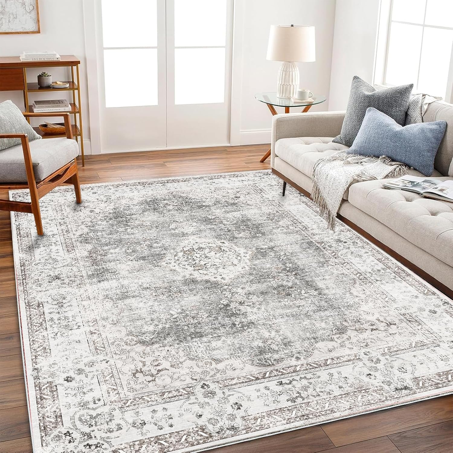 Area Rug 8x10 Washable Rug Brown Vintage Traditional Mat Distressed Indoor Foldable Thin Retro Accent Floral Non Slip Carpet Living Room Dining Room Office