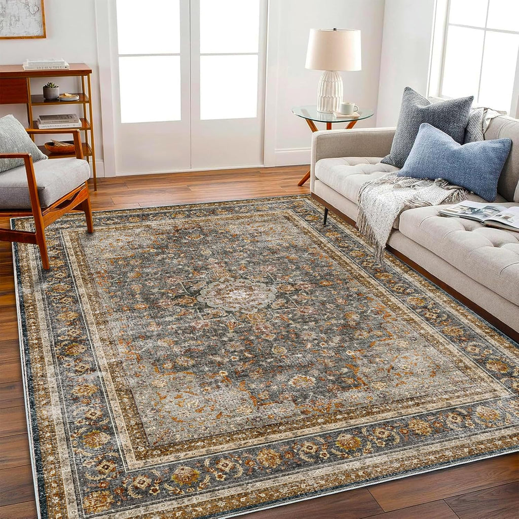 Area Rug 8x10 Washable Rug Brown Vintage Traditional Mat Distressed Indoor Foldable Thin Retro Accent Floral Non Slip Carpet Living Room Dining Room Office