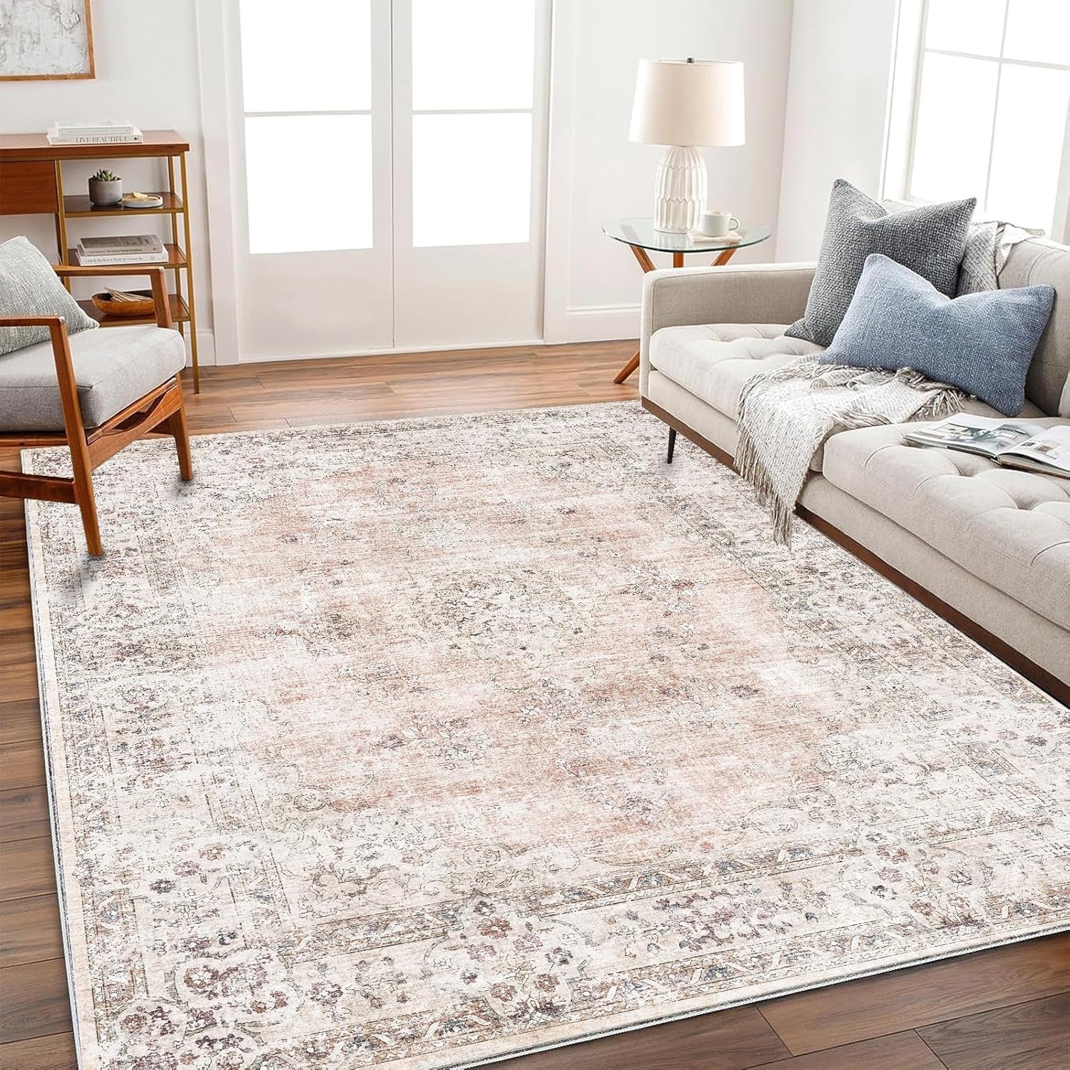 Area Rug 8x10 Washable Rug Brown Vintage Traditional Mat Distressed Indoor Foldable Thin Retro Accent Floral Non Slip Carpet Living Room Dining Room Office