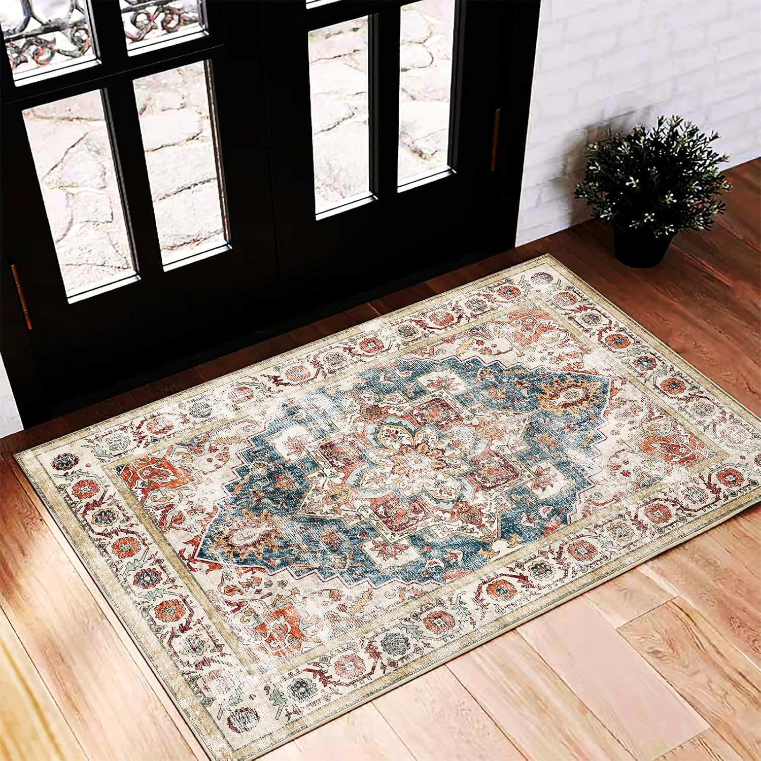 Area Rug 8x10 Washable Rug Brown Vintage Traditional Mat Distressed Indoor Foldable Thin Retro Accent Floral Non Slip Carpet Living Room Dining Room Office