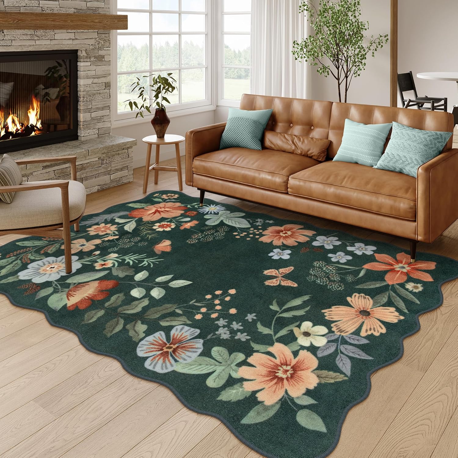 Lahome Floral Washable Rugs 8x10, Non-Slip Soft Green Rug Stain Resistant, Ultra-Thin 8x10 Rugs for Living Room Easy Clean Boho Accent Carpet for Dining Room Office(8x10ft,Green)