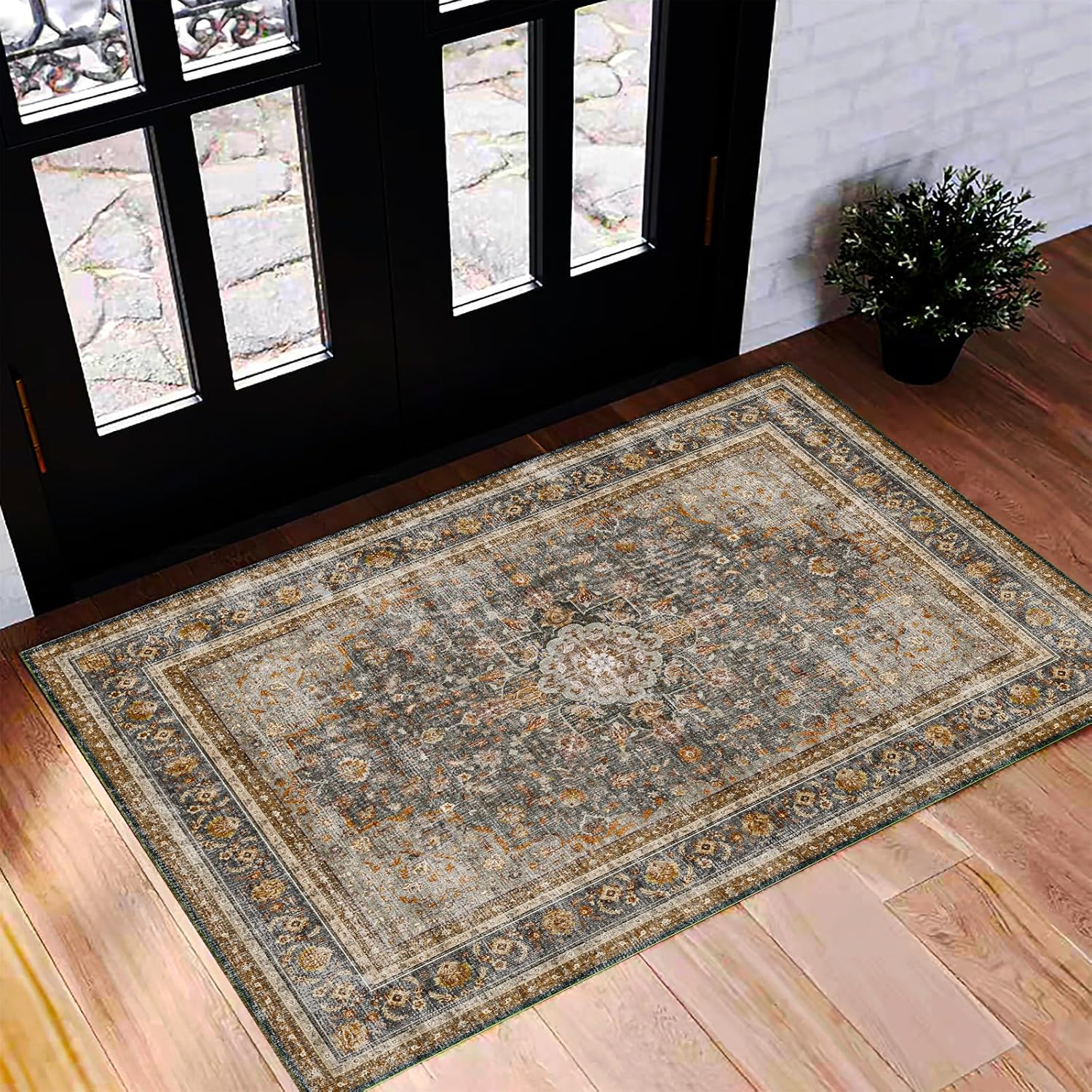 Area Rug 8x10 Washable Rug Brown Vintage Traditional Mat Distressed Indoor Foldable Thin Retro Accent Floral Non Slip Carpet Living Room Dining Room Office