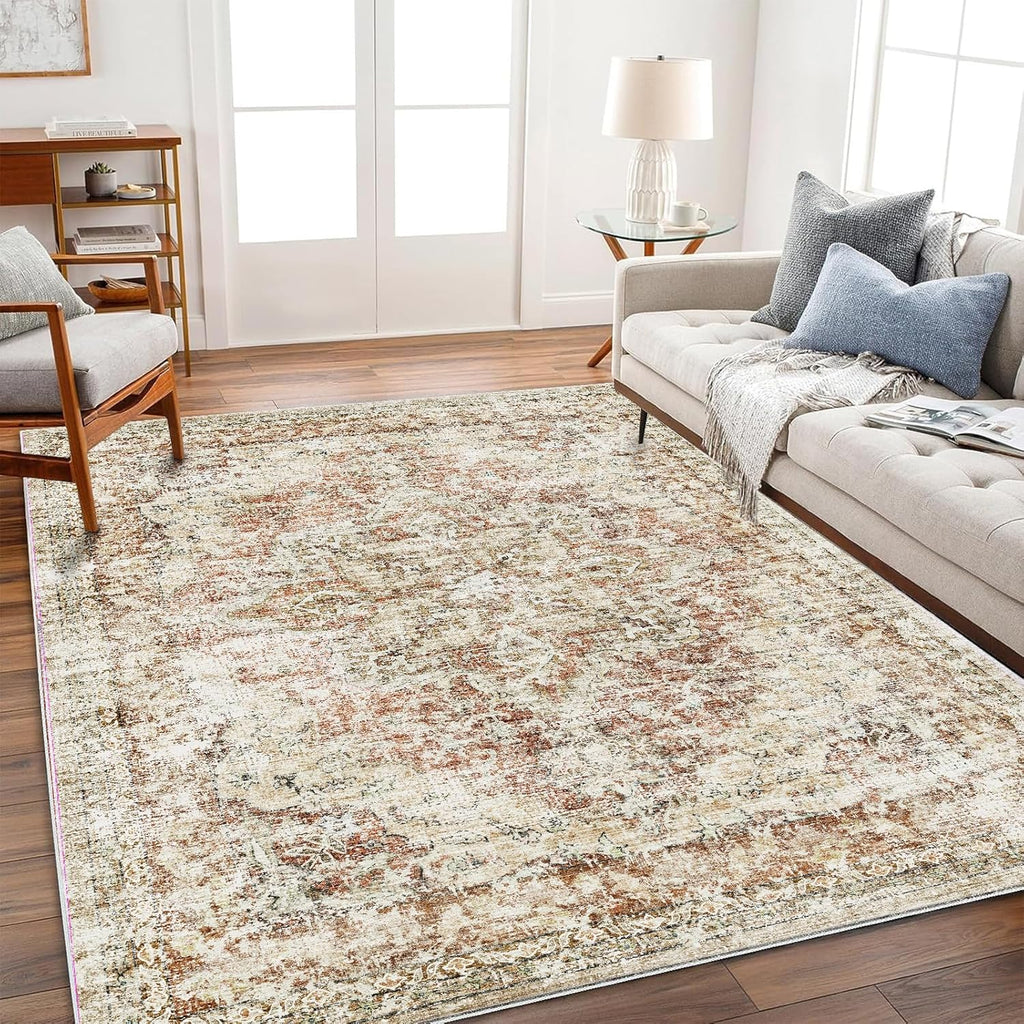 Area Rug 8x10 Washable Rug Brown Vintage Traditional Mat Distressed Indoor Foldable Thin Retro Accent Floral Non Slip Carpet Living Room Dining Room Office