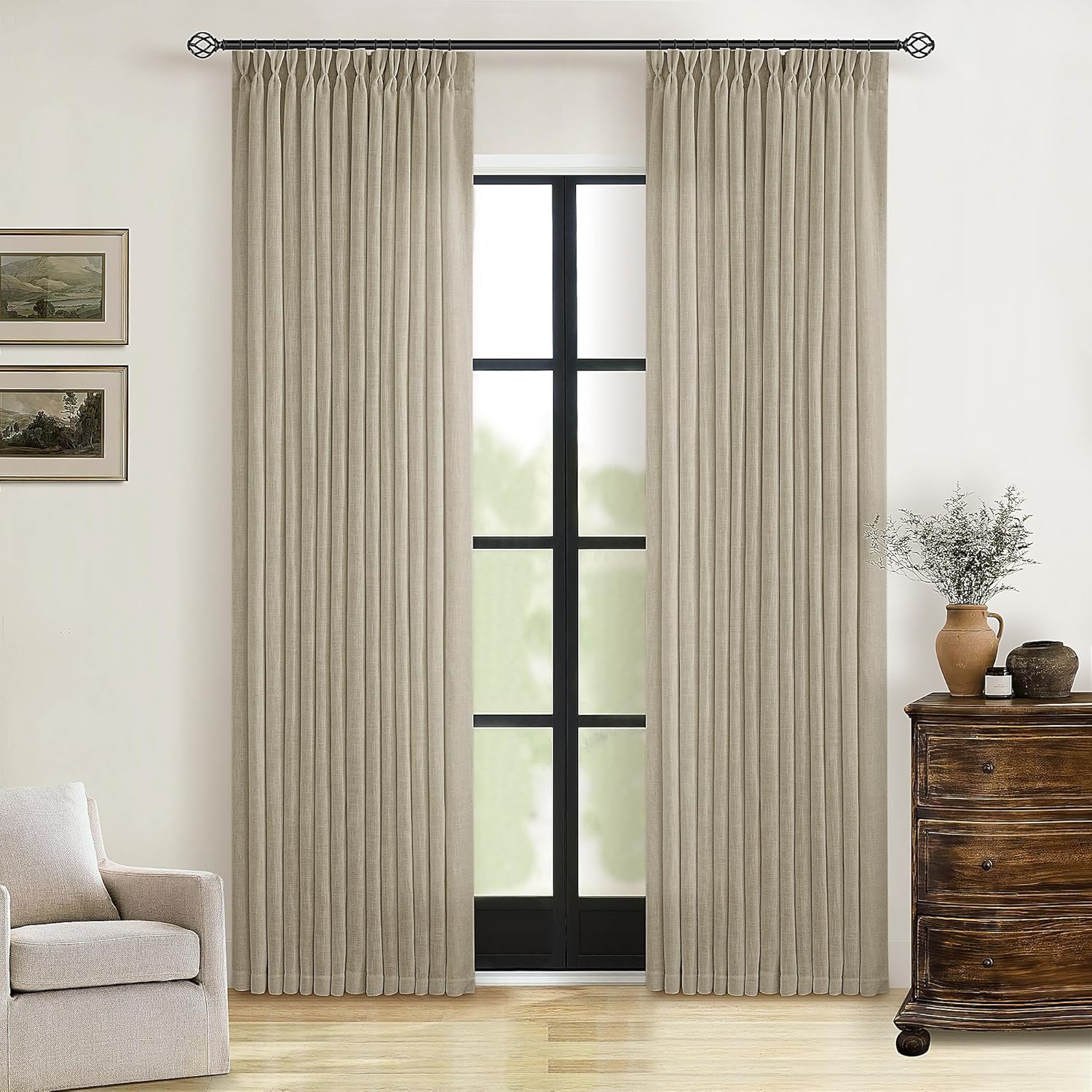 Natural Pinch Pleated Linen Curtains 84 Inch Length 2 Panels for Living Room Bedroom Textured Cream Ivory Birch Semi Sheer Boho Neutral Back Tab Pinch Pleat Hooks Rings Window Curtain 84 Inches Long