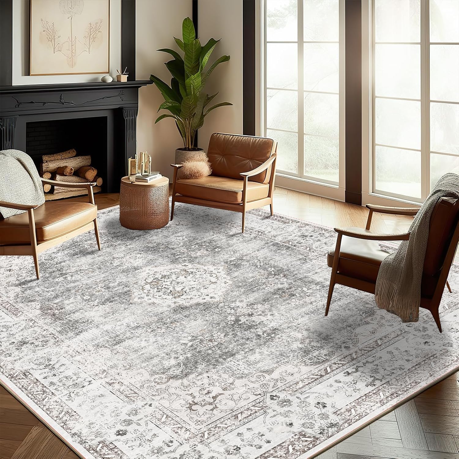 Area Rug 8x10 Washable Rug Brown Vintage Traditional Mat Distressed Indoor Foldable Thin Retro Accent Floral Non Slip Carpet Living Room Dining Room Office