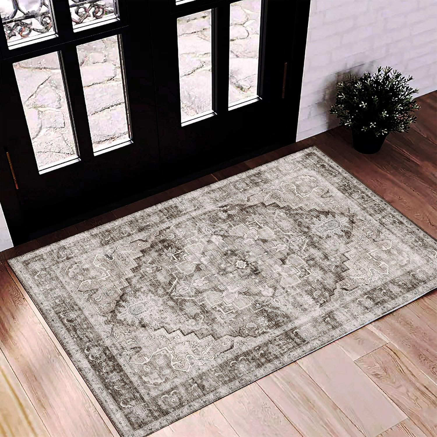 Area Rug 8x10 Washable Rug Brown Vintage Traditional Mat Distressed Indoor Foldable Thin Retro Accent Floral Non Slip Carpet Living Room Dining Room Office