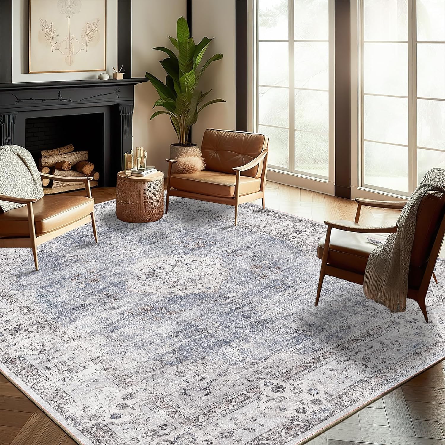 Area Rug 8x10 Washable Rug Brown Vintage Traditional Mat Distressed Indoor Foldable Thin Retro Accent Floral Non Slip Carpet Living Room Dining Room Office