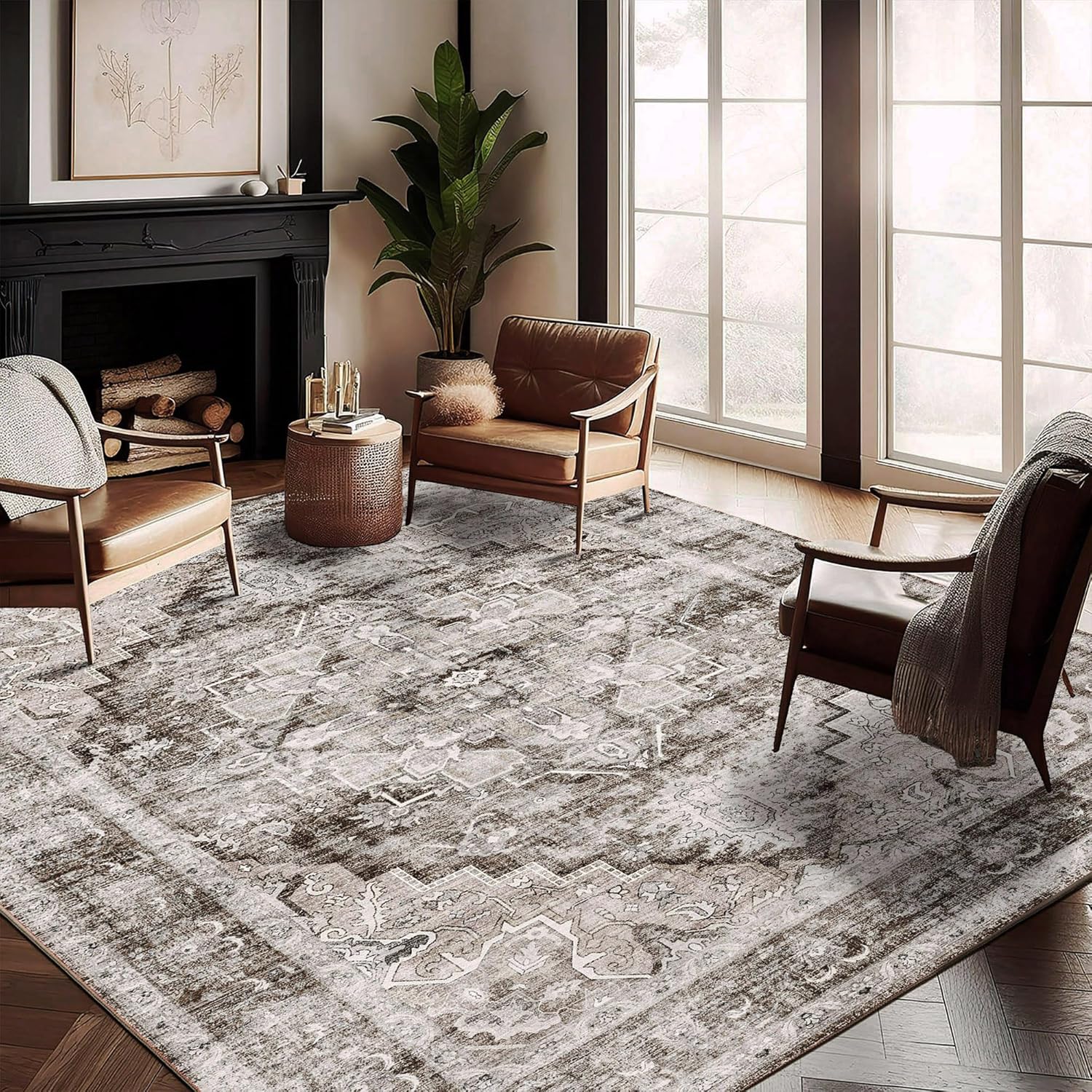 Area Rug 8x10 Washable Rug Brown Vintage Traditional Mat Distressed Indoor Foldable Thin Retro Accent Floral Non Slip Carpet Living Room Dining Room Office