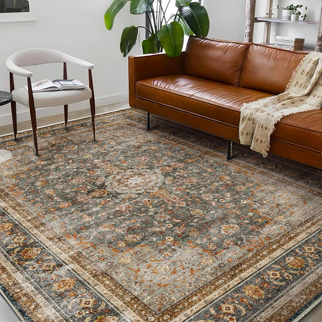 Area Rug 8x10 Washable Rug Brown Vintage Traditional Mat Distressed Indoor Foldable Thin Retro Accent Floral Non Slip Carpet Living Room Dining Room Office